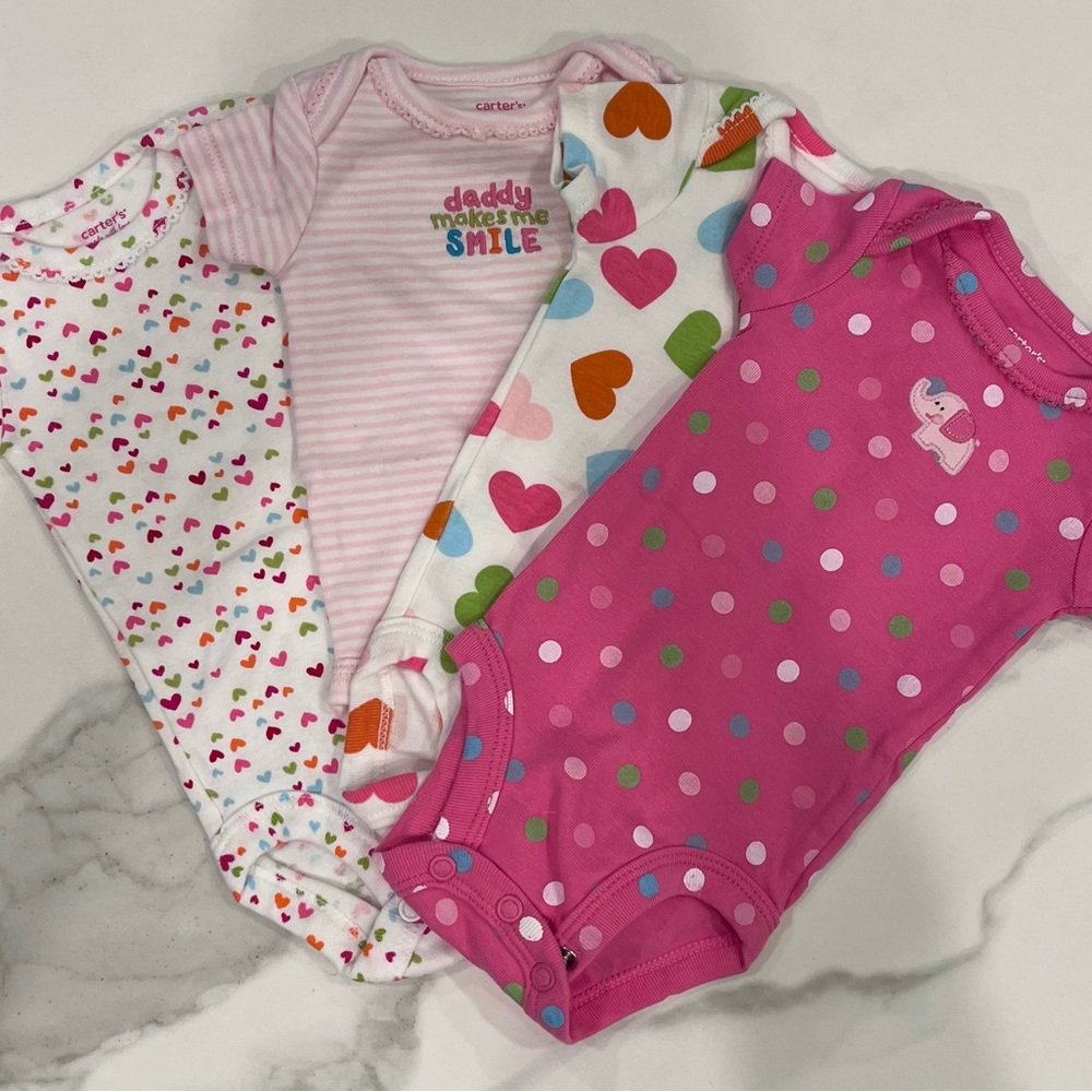 4 Carter NB short sleeve onesies, bright Spring/Summer colors, 100% cotton NWOT